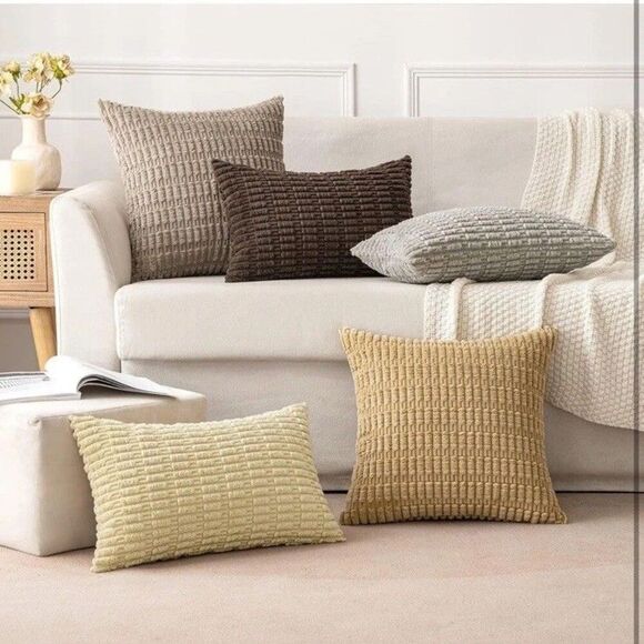 Pack of 2 Corduroy Decorative Throw Pillow Covers 18x18 Inch Soft Boho Striped - Picture 5 of 6